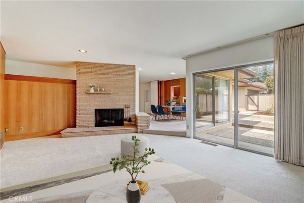 Dining room, Fireplace, Interior, Living room, Recessed Lighting, Stone Walls