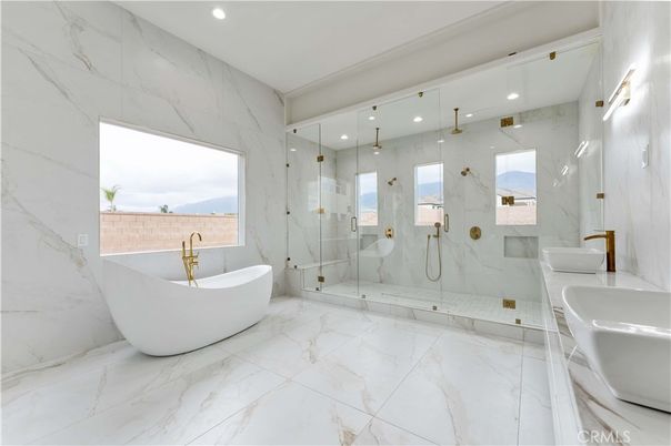 Bathroom, Free Standing Baths, Glass Shower, Interior, Marble, Marble Walls, Recessed Lighting