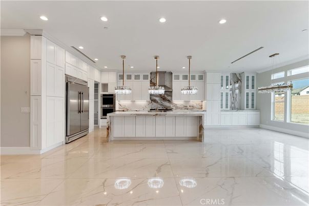 Interior, Kitchen, Marble, Pendant Lights, Recessed Lighting, Stainless Steel Appliances