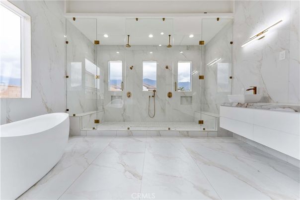 Bathroom, Free Standing Baths, Glass Shower, Interior, Marble, Marble Walls, Recessed Lighting