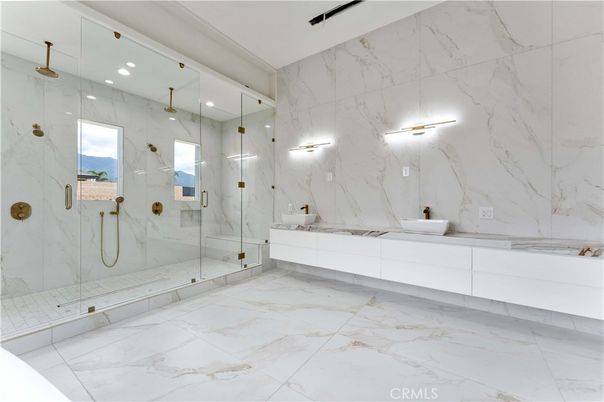 Bathroom, Glass Shower, Interior, Marble, Marble Walls, Recessed Lighting