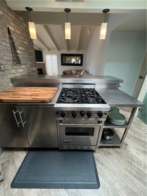 Fireplace, Interior, Kitchen, Pendant Lights, Stone Walls, Wooden Ceilings, Wood Texture Flooring