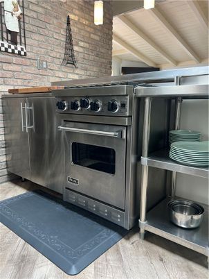 Interior, Kitchen, Stainless Steel Appliances, Stone Walls, Wooden Ceilings, Wood Texture Flooring