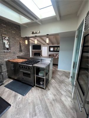 Interior, Kitchen, Pendant Lights, Stone Walls, Wood Texture Flooring