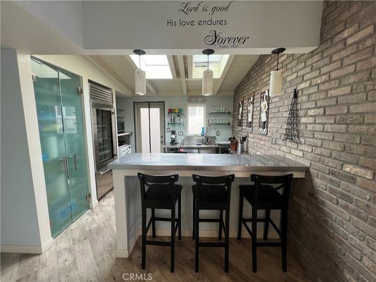 Interior, Kitchen, Pendant Lights, Stone Walls, Wood Texture Flooring