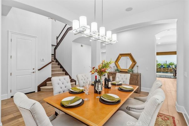 Dining room, Interior, Pendant Lights, Wood Texture Flooring