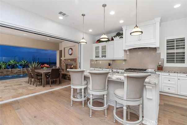Dining room, Fireplace, Interior, Kitchen, Pendant Lights, Recessed Lighting, Wood Texture Flooring