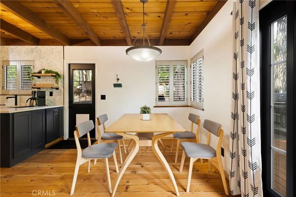 Dining room, Interior, Pendant Lights, Wooden Beams, Wooden Ceilings, Wood Texture Flooring