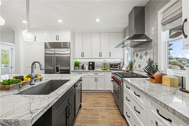Interior, Kitchen, Pendant Lights, Recessed Lighting, Stainless Steel Appliances, Wood Texture Flooring