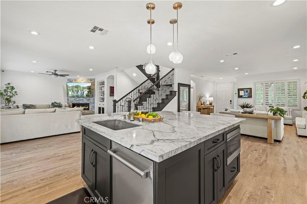 Fireplace, Interior, Kitchen, Living room, Pendant Lights, Recessed Lighting, Wood Texture Flooring