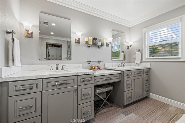 Bathroom, Dual Sink Vanities, Interior, Recessed Lighting, Wood Texture Flooring