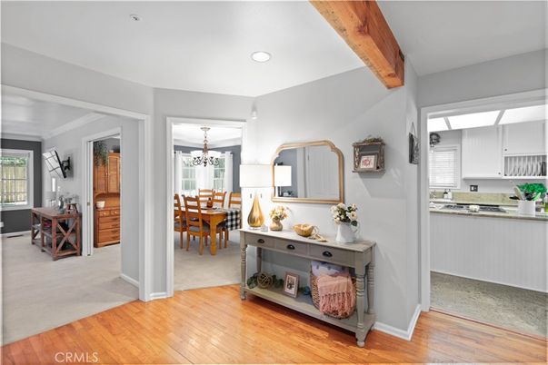 Chandelier, Dining room, Interior, Kitchen, Recessed Lighting, Wooden Beams, Wood Texture Flooring