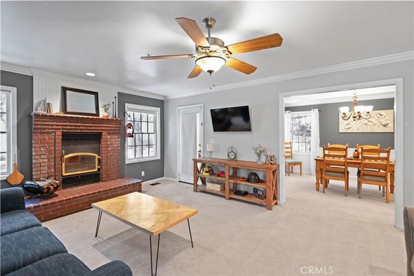Chandelier, Dining room, Fireplace, Interior, Living room, Recessed Lighting