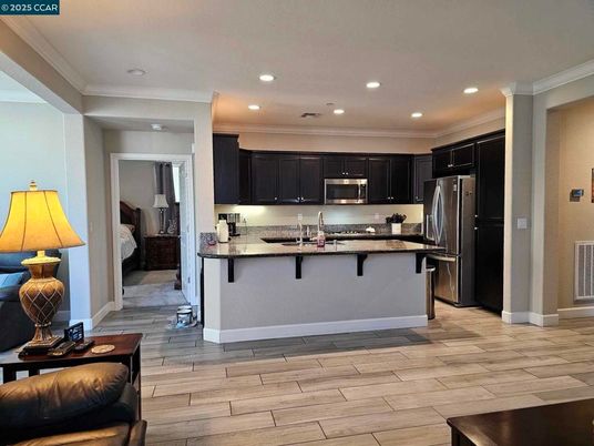 Bedroom, Interior, Kitchen, Recessed Lighting, Stainless Steel Appliances, Wood Texture Flooring