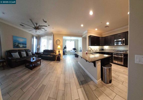 Interior, Kitchen, Living room, Pendant Lights, Recessed Lighting, Stainless Steel Appliances, Wood Texture Flooring