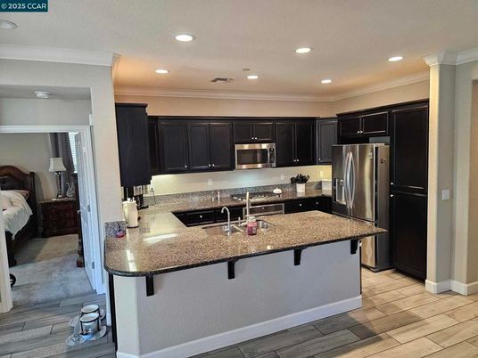 Bedroom, Interior, Kitchen, Recessed Lighting, Stainless Steel Appliances, Wood Texture Flooring