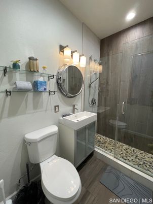 Bathroom, Glass Shower, Interior, Recessed Lighting, Wood Texture Flooring