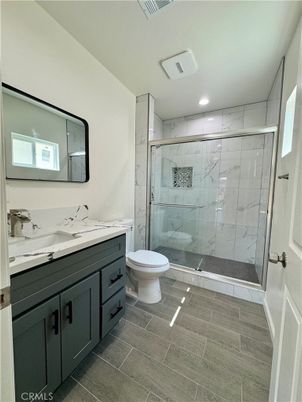 Bathroom, Glass Shower, Interior, Marble Walls, Recessed Lighting, Wood Texture Flooring