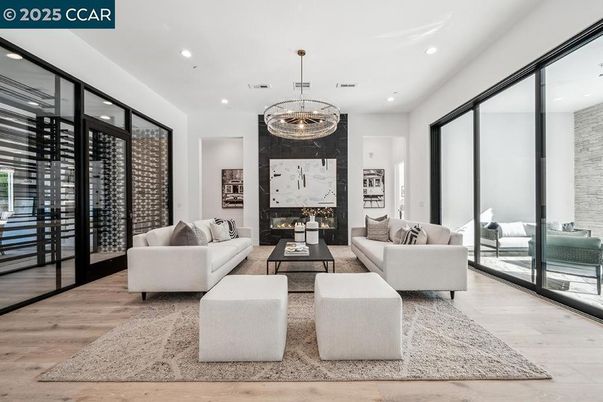 Chandelier, Fireplace, Interior, Living room, Recessed Lighting, Wood Texture Flooring
