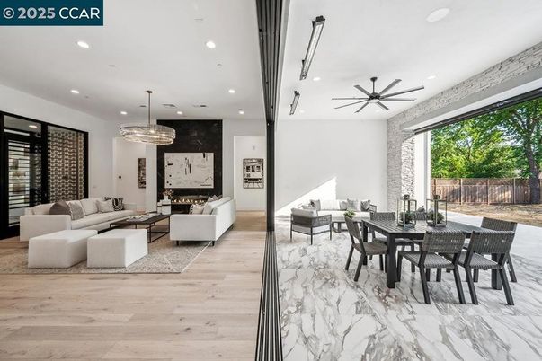 Dining room, Fireplace, Interior, Living room, Marble, Pendant Lights, Recessed Lighting, Wood Texture Flooring