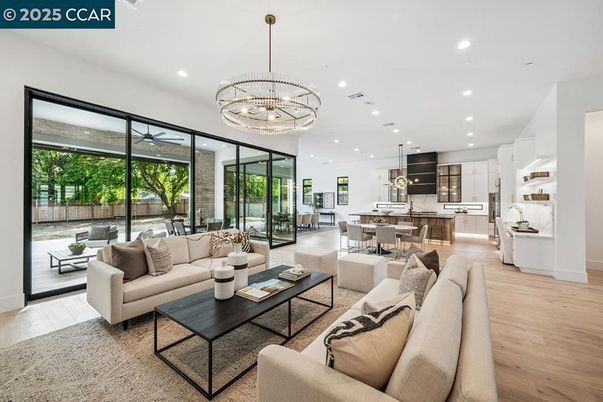 Chandelier, Dining room, Interior, Kitchen, Living room, Pendant Lights, Recessed Lighting, Wood Texture Flooring