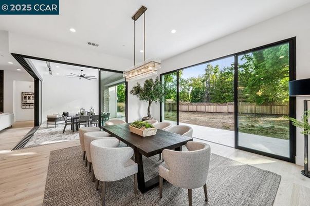 Dining room, Interior, Pendant Lights, Recessed Lighting, Wood Texture Flooring