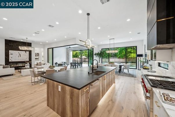 Dining room, Fireplace, Interior, Kitchen, Living room, Pendant Lights, Recessed Lighting, Wood Texture Flooring