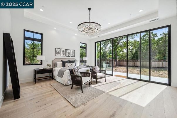 Bedroom, Chandelier, Interior, Recessed Lighting, Wood Texture Flooring
