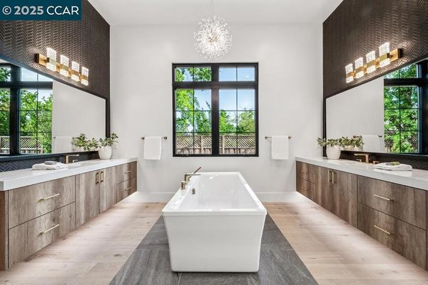 Bathroom, Dual Sink Vanities, Free Standing Baths, Interior, Pendant Lights, Wood Texture Flooring
