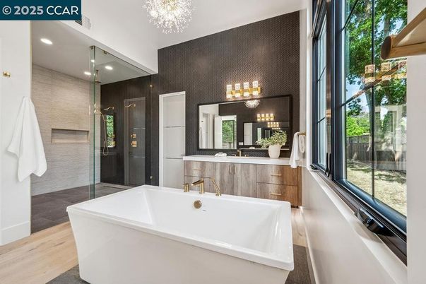 Bathroom, Chandelier, Free Standing Baths, Glass Shower, Interior, Recessed Lighting, Wood Texture Flooring