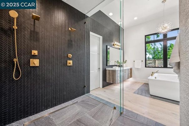 Bathroom, Free Standing Baths, Glass Shower, Interior, Pendant Lights, Recessed Lighting, Wood Texture Flooring