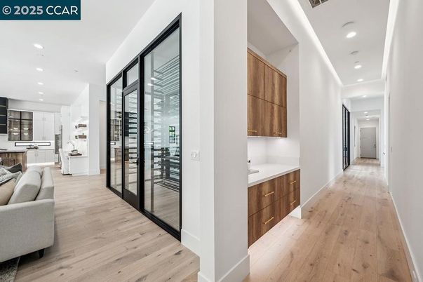 Interior, Kitchen, Recessed Lighting, Wine Storage, Wood Texture Flooring