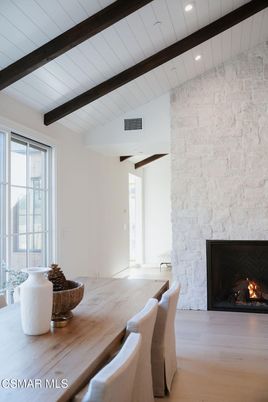 Dining room, Fireplace, Interior, Recessed Lighting, Stone Walls, Wooden Beams, Wood Texture Flooring