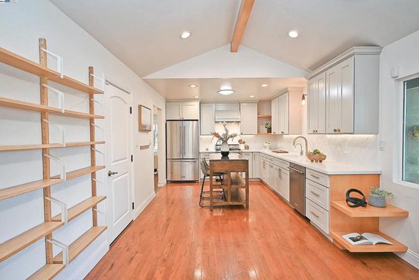 Interior, Kitchen, Recessed Lighting, Stainless Steel Appliances, Wooden Beams, Wood Texture Flooring