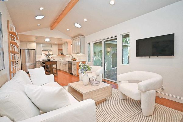Interior, Kitchen, Living room, Recessed Lighting, Stainless Steel Appliances, Wooden Beams, Wood Texture Flooring