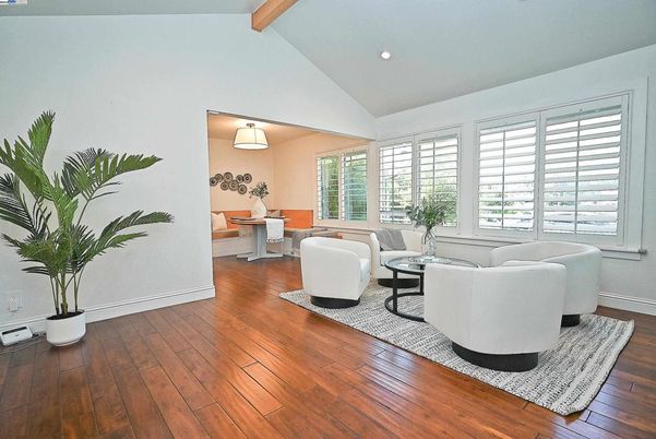 Dining room, Interior, Living room, Recessed Lighting, Wooden Beams, Wood Texture Flooring