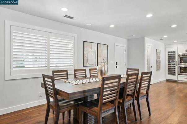Dining room, Interior, Kitchen, Recessed Lighting, Stainless Steel Appliances, Wood Texture Flooring