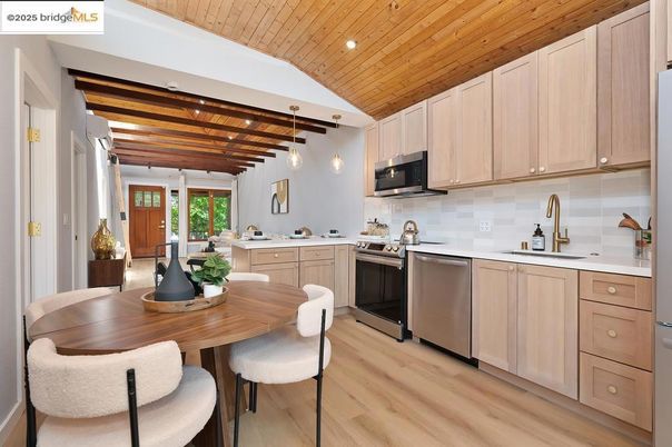 Dining room, Interior, Kitchen, Pendant Lights, Recessed Lighting, Stainless Steel Appliances, Wooden Beams, Wooden Ceilings, Wood Texture Flooring