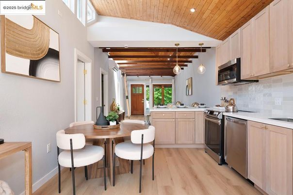 Dining room, Interior, Kitchen, Pendant Lights, Recessed Lighting, Stainless Steel Appliances, Wooden Beams, Wooden Ceilings, Wood Texture Flooring
