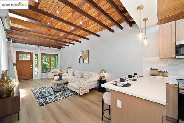 Interior, Kitchen, Living room, Pendant Lights, Recessed Lighting, Stainless Steel Appliances, Wooden Beams, Wooden Ceilings, Wood Texture Flooring