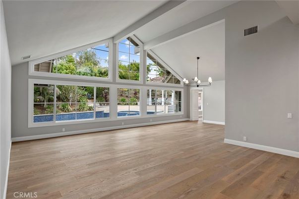 Empty room, Interior, Pendant Lights, Wood Texture Flooring