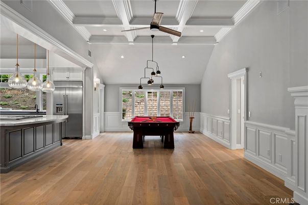 Billiard Table, Chandelier, Game Room, Interior, Pendant Lights, Recessed Lighting, Wood Texture Flooring