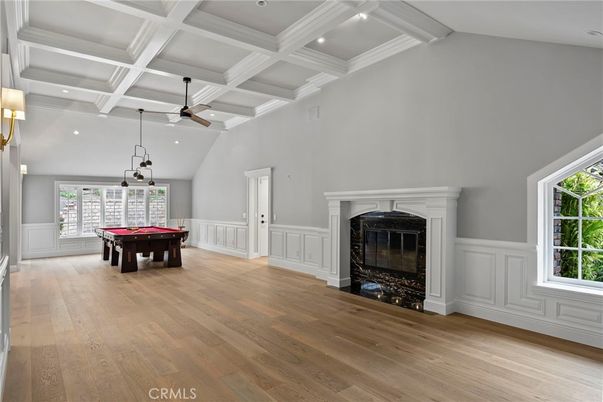 Billiard Table, Fireplace, Game Room, Interior, Pendant Lights, Recessed Lighting, Wood Texture Flooring
