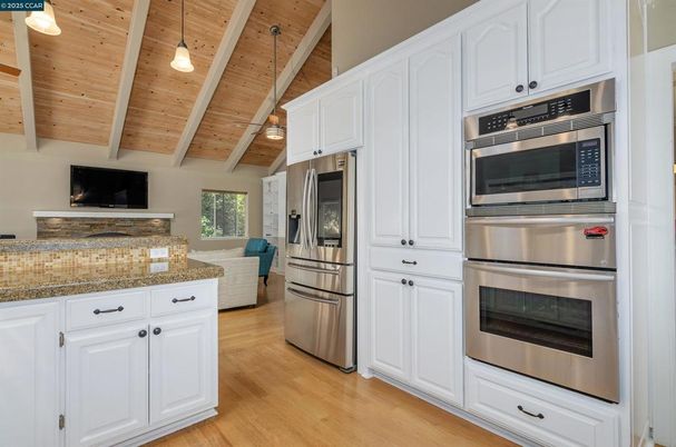 Interior, Kitchen, Pendant Lights, Stainless Steel Appliances, Wooden Beams, Wooden Ceilings, Wood Texture Flooring
