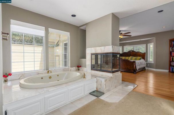 Bathroom, Fireplace, Interior, Recessed Lighting, Wood Texture Flooring