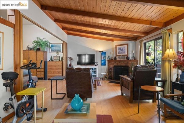 Fireplace, Fitness Equipment, Interior, Living room, Wooden Beams, Wooden Ceilings, Wood Texture Flooring