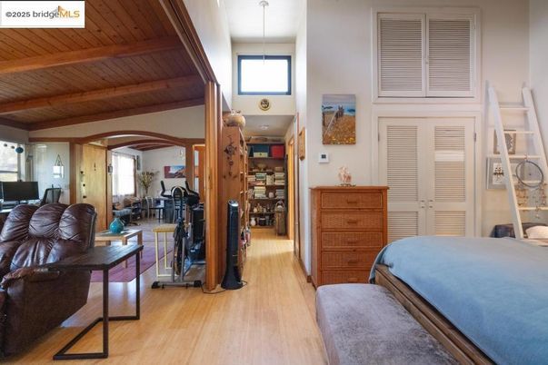 Bedroom, Interior, Pendant Lights, Wooden Beams, Wooden Ceilings, Wood Texture Flooring