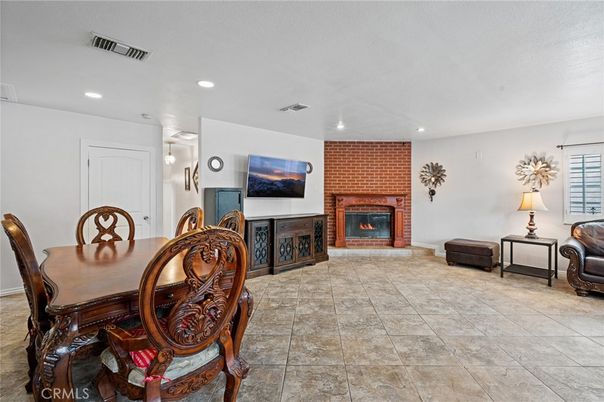 Dining room, Fireplace, Interior, Recessed Lighting, Stone Walls