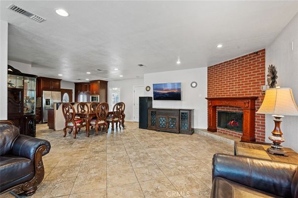 Dining room, Fireplace, Interior, Kitchen, Recessed Lighting, Stone Walls