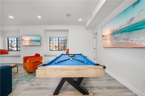 Billiard Table, Game Room, Interior, Recessed Lighting, Wood Texture Flooring